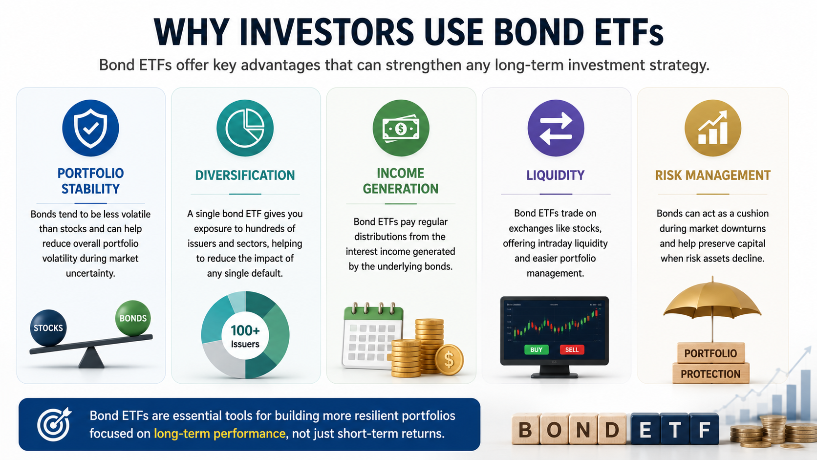 Bond ETF benefits including diversification, regular income, liquidity, portfolio stability, and risk reduction.