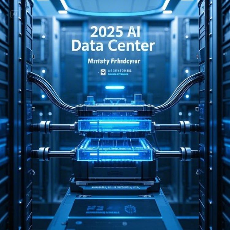 &quot;미래지향적 AI 데이터센터 내부, GPU 서버와 재생에너지 패널이 조화를 이루는 장면. 배경에 ‘2030 AI 데이터센터’ 텍스트와 산업통상자원부 로고 흐릿하게 표시. 파란색과 초록색 톤으로 기술과 지속가능성 강조