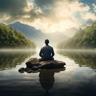 물 위 고요한 바위에 앉아 명상 중인 한 인물.
주변은 잔잔한 호수와 푸른 산맥, 흐릿한 아침 햇살이 어우러져 자연 속 깊은 평온함을 전합니다.
고요한 수면에 비친 하늘과 산의 반영은 마음의 울림처럼 정적이며, 명상과 마음챙김의 순간을 시각적으로 표현한 이미지입니다.