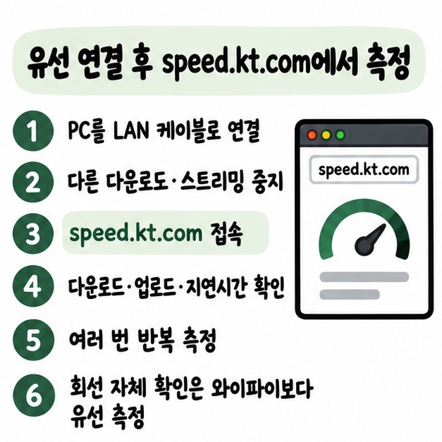 PC를 유선 LAN으로 연결하고 speed.kt.com에서 다운로드와 업로드, 지연시간을 여러 번 측정하는 과정을 보여주는 카드
