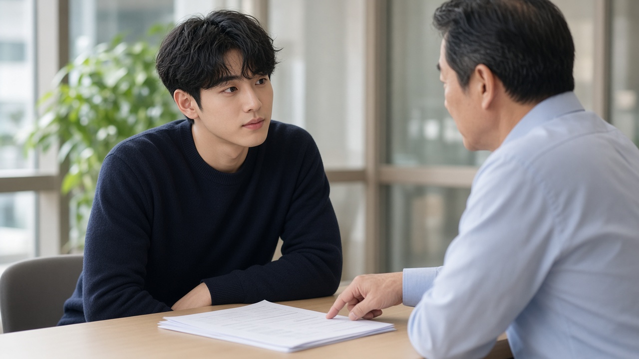 은행 창구 상담석에서 연금 상품 설명을 듣는 20대 한국인 청년