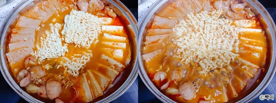 라면사리를 넣고 물을 추가해 강불에서 끓이는 부대찌개 조리 단계