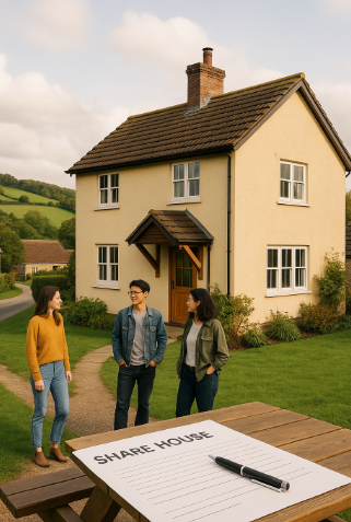 전원 마을의 셰어하우스 앞에서 세 명의 입주자가 대화하는 장면, 앞에는 &lsquo;SHARE HOUSE&rsquo; 문서가 놓인 테이블이 있는 모습
