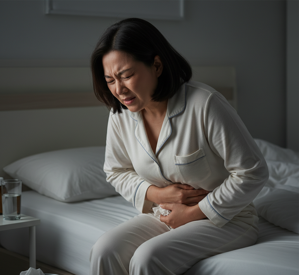 장염으로 인한 복통을 겪고 있는 중년 여성이 침대에 앉아 배를 감싸고 있는 모습