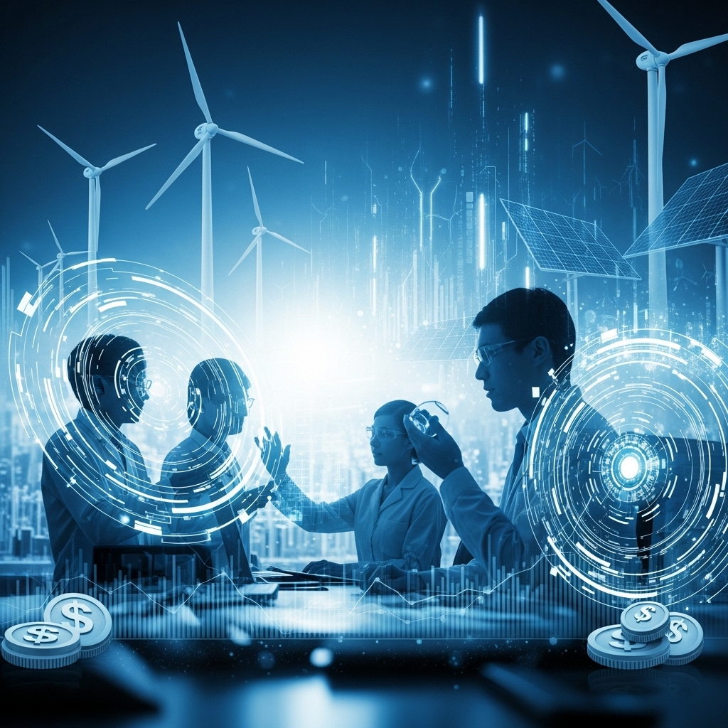 탄소중립 기술 개발을 위한 정부 지원금의 중요성을 상징하는 이미지. 연구원들이 친환경 에너지 기술을 개발하며 미래를 향해 나아가는 모습과 지원금을 의미하는 그래프가 어우러져 있습니다.