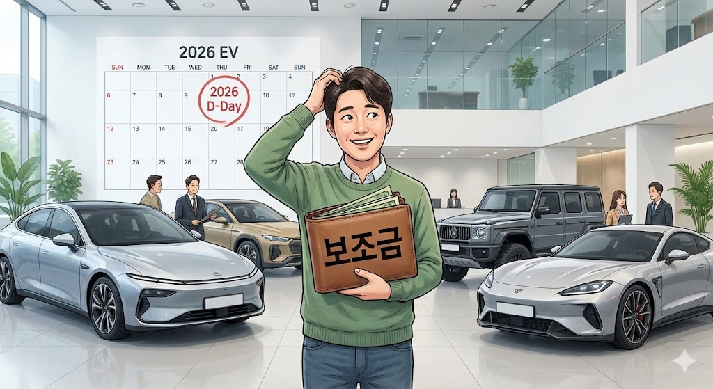 2026년 달력에 'D-Day'가 표시되어 있고, 지갑(보조금)을 든 소비자가 수많은 전기차들 사이에서 행복한 고민을 하는 모습