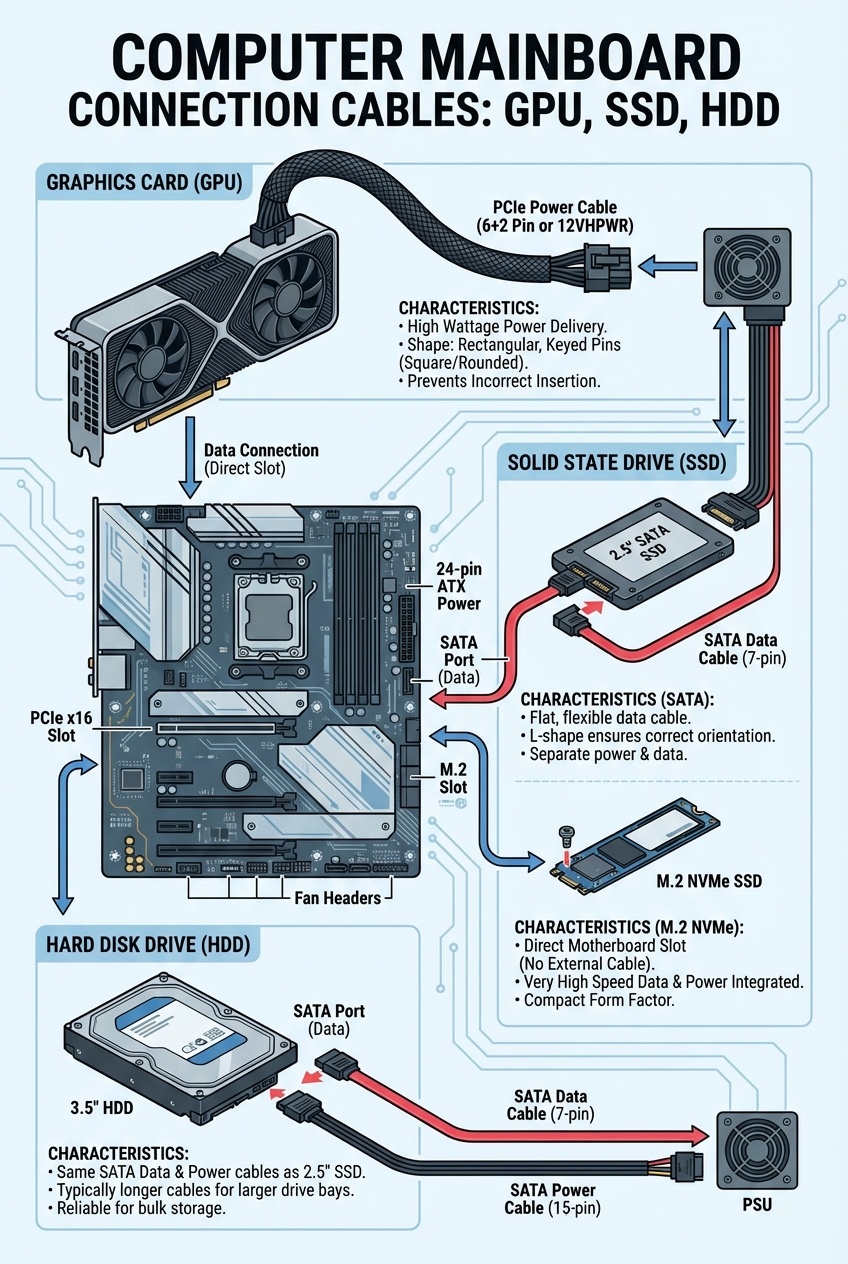 PC 내부 전력 케이블 종류가 보이는 사진