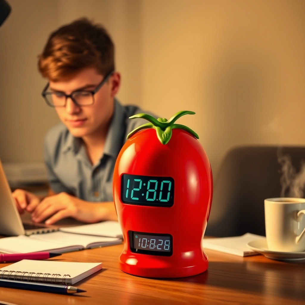 토마토 모양 타이머가 돌아가고 있고, 그 주변으로 집중해서 일하는 사람의 모습