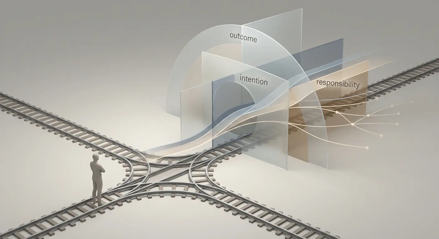 An illustration showing the trolley problem as a judgment structure rather than a choice, emphasizing layered decision-making