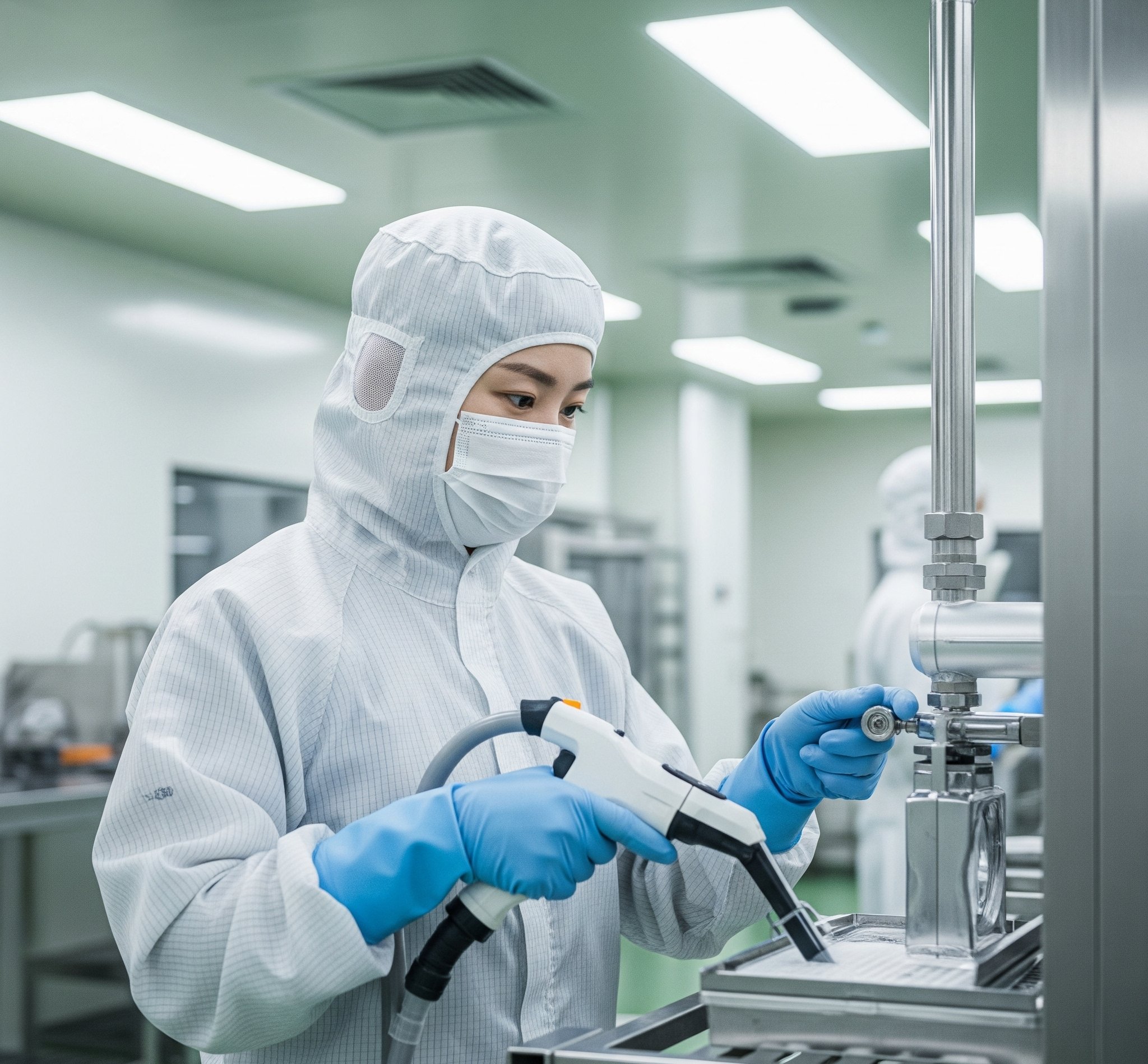 클린룸 환경에서 청소 도구 이용하여 청소하는 이미지 이해 그림입니다