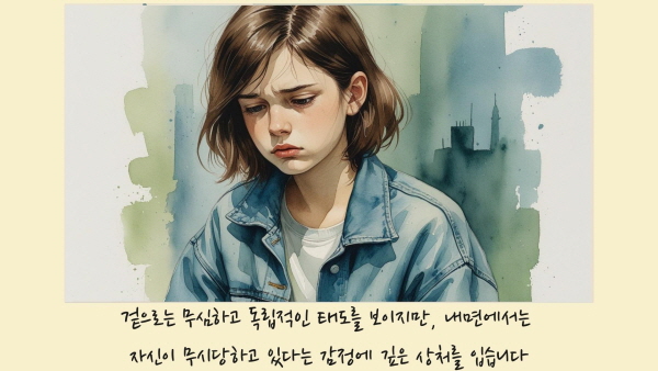 겉으로는 무심하고 독립적인 태도를 보이지만, 내면에서는 자신이 무시당하고 있다는 감정에 깊은 상처를 입습니다에 관한 그림