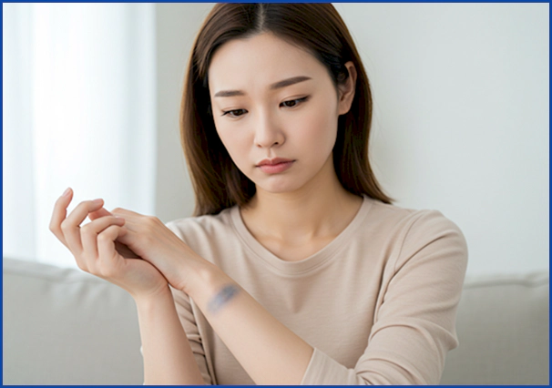 팔에 생긴 멍을 걱정스럽게 바라보는 젊은 여성의 모습은 멍이 잘 드는 이유에 대한 독자의 불안감을 대변합니다.