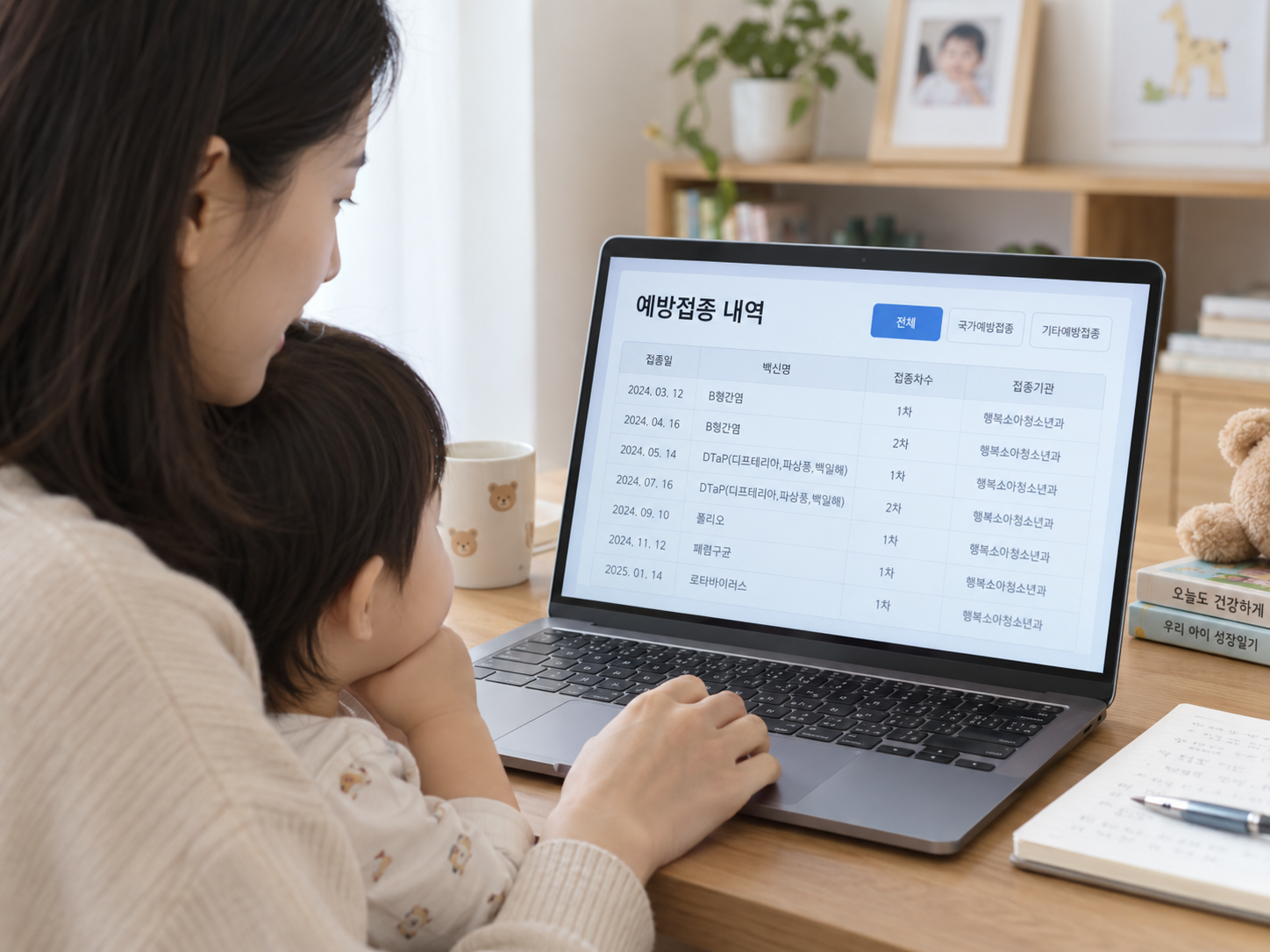 어린이 독감 예방접종 기록을 확인하는 보호자
