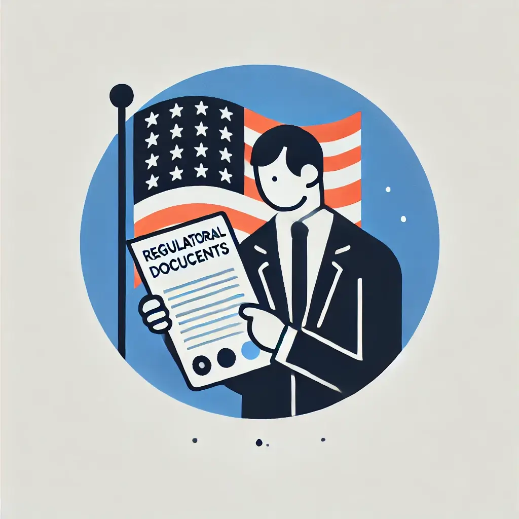 미국 국기 옆에서 규제 서류를 읽는 남자