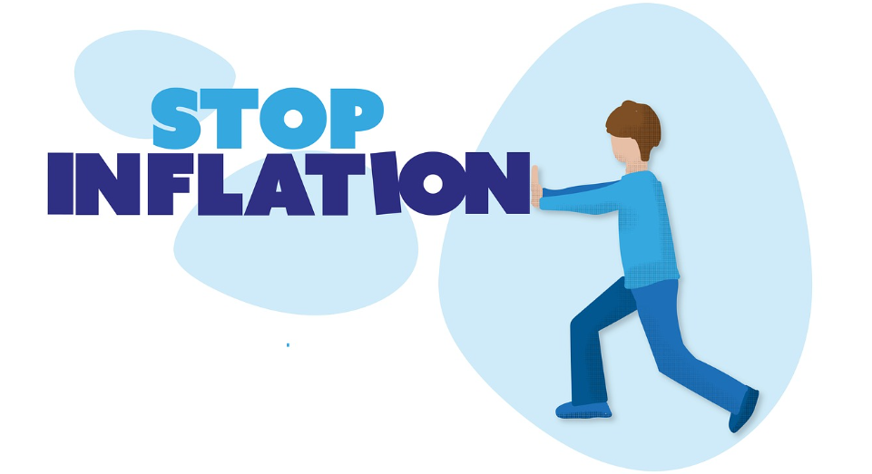 STOP INFLATION(스탑 인플레이션)이라는 문구가 적혀 있다. 이 문구를 한 남자가 오른쪽 다리는 구부리고 왼쪽 다리는 뒤로 살짝 뻗은 채 두 팔을 들어 양손으로 밀고 있다.