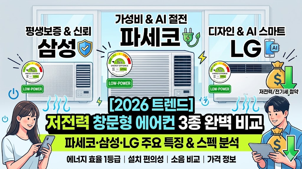 전기세 아끼는 저전력 창문형 에어컨 3종 완벽 비교 (파세코·삼성·LG)
