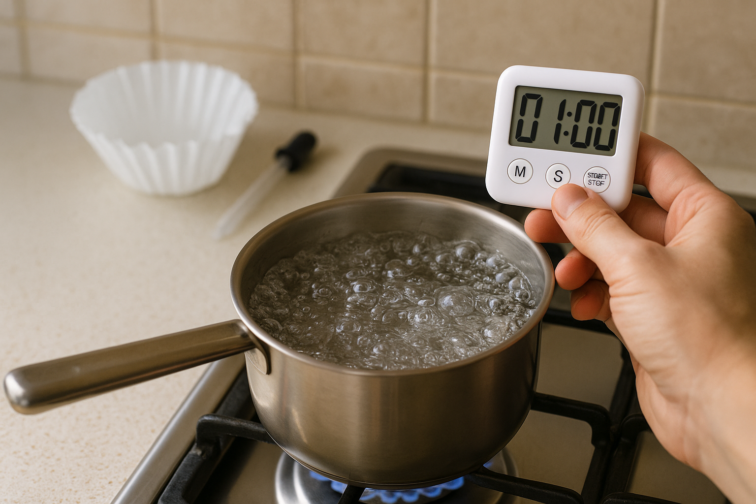가정용 가스레인지 위 냄비에서 물이 완전히 끓는 장면과 1분 타이머를 든 손 — 가열 살균 기준 안내