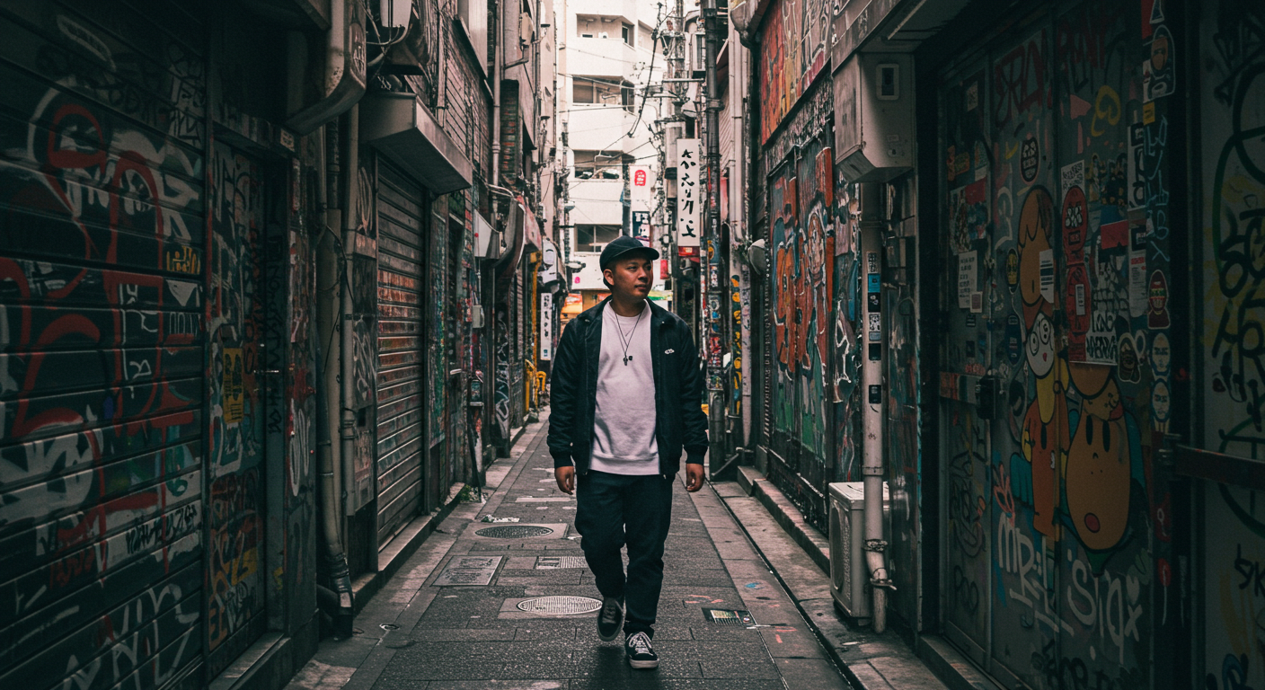 시부야 골목길 그래피티 앞에서 자연스럽게 걷는 모습