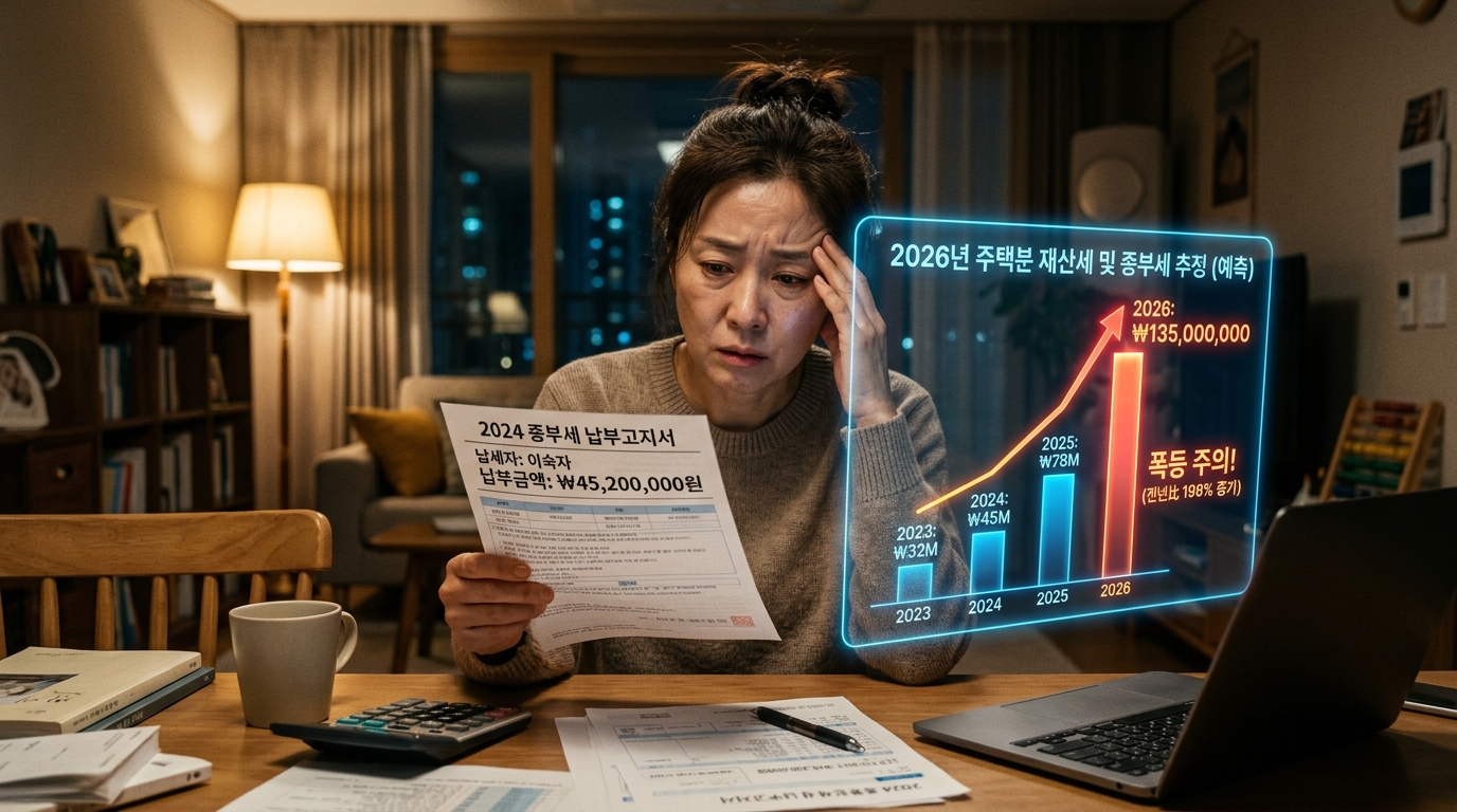 2026년 부동산 개편안으로 종부세 고지서를 보며 세금 폭탄을 걱정하는 집주인