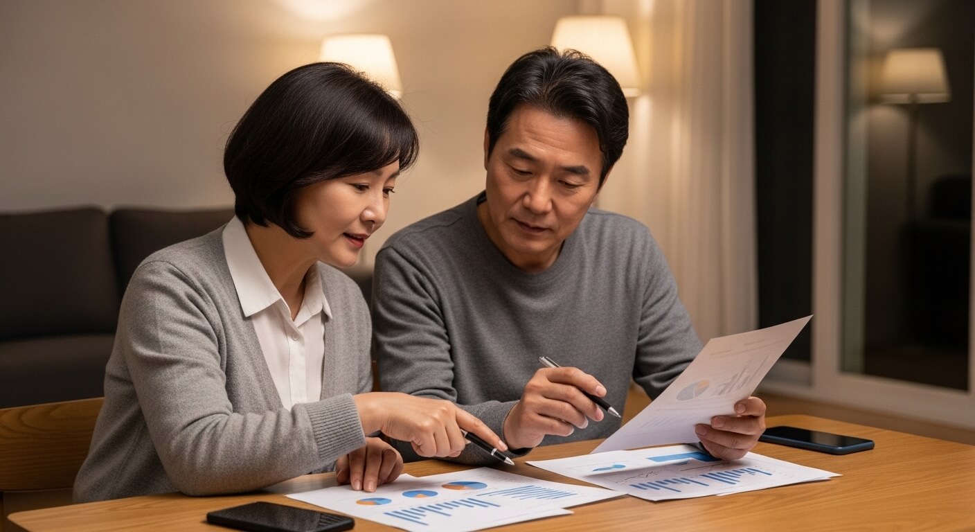 한국인 중년 부부가 저녁 시간에 재무 자료와 그래프를 보며 가계 재무 계획을 검토하는 모습