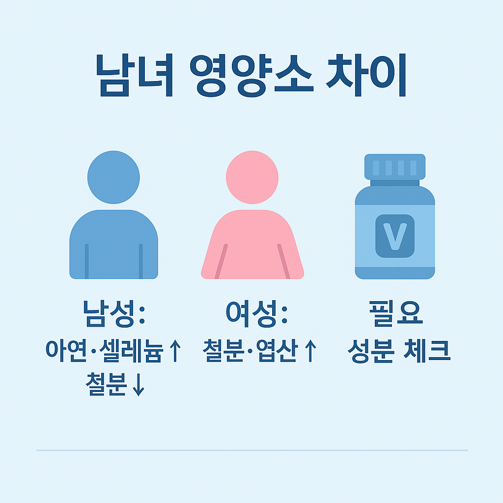 종합비타민 남성과 여성의 영양소 차이를 비교한 인포그래픽, 남성은 아연·셀레늄 높고 철분 낮음, 여성은 철분·엽산 높아 성별 맞춤 영양제 선택 시 참고할 수 있는 시각 자료