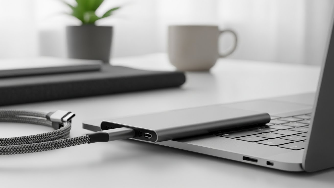 어디서나 데이터를 안전하게 연결해주는 고성능 휴대용 저장 장치와 노트북의 조화