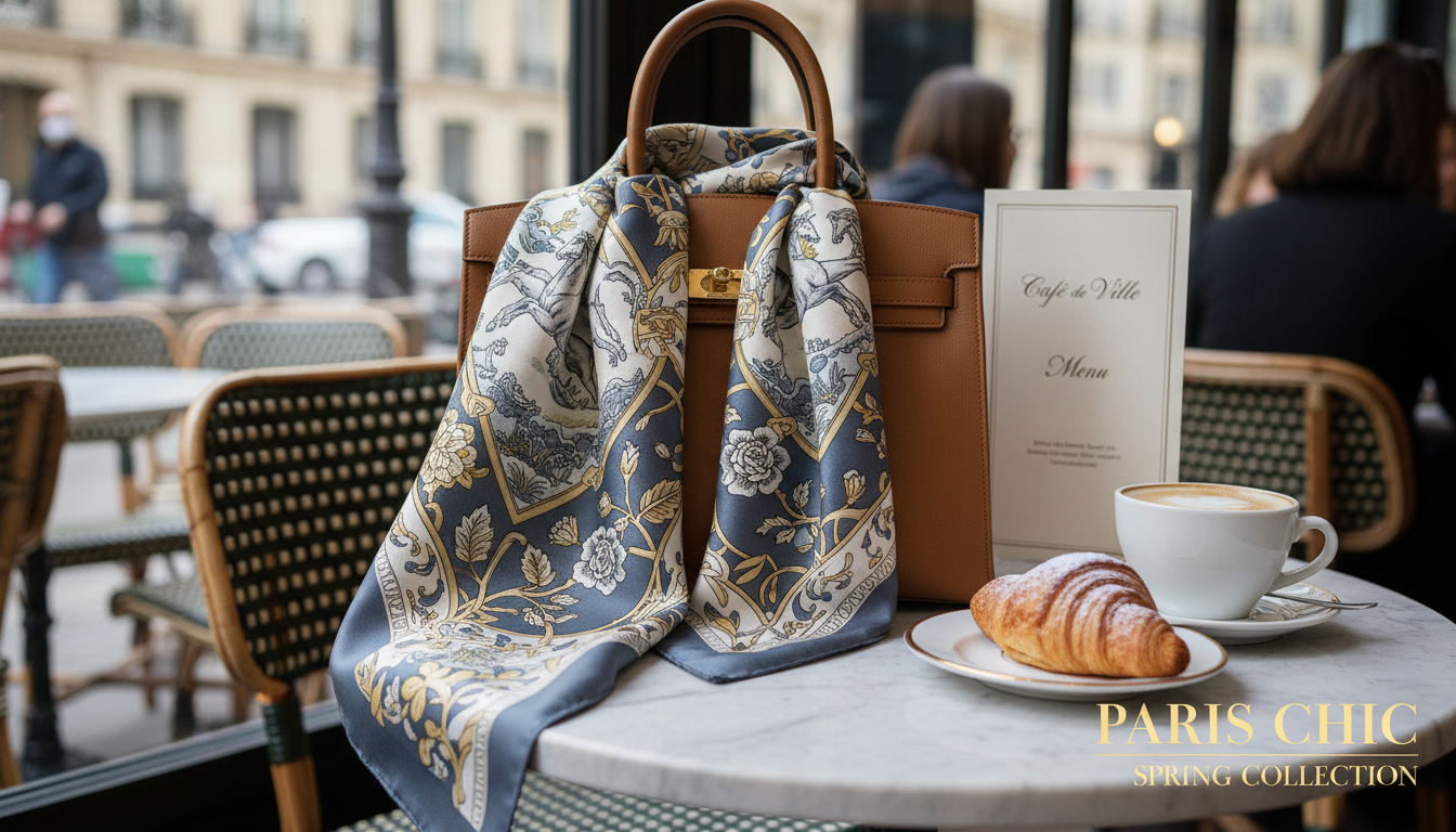 고급스러운 카페 테이블 위에 우아하게 연출된 에르메스 까레 스카프와 클래식 가죽 가방