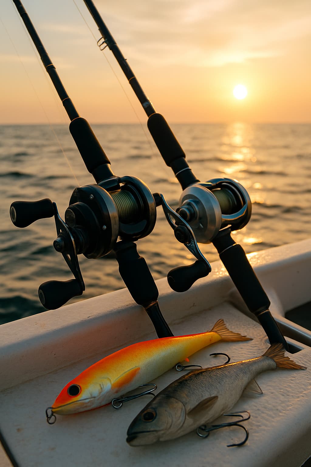 릴 낚시대 두개가 선상에 비치된 모습