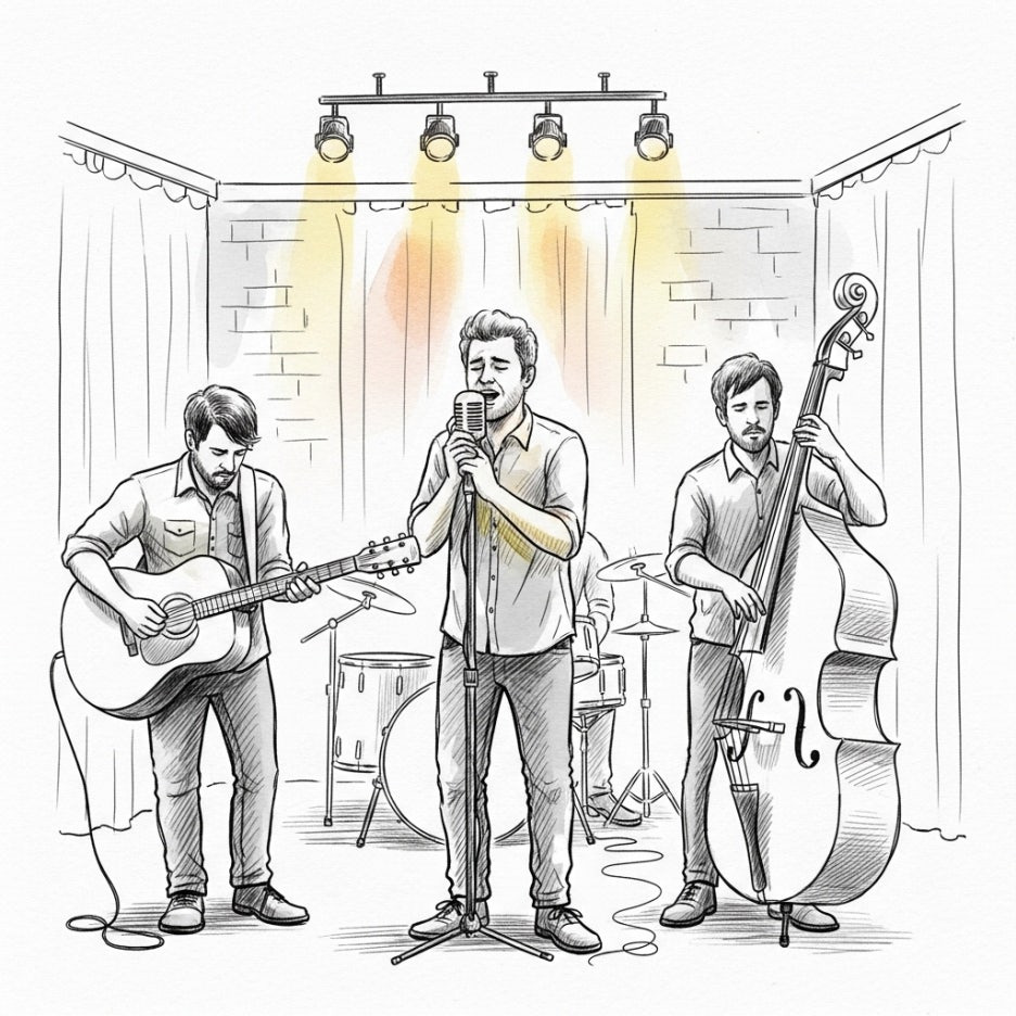 따뜻한 분위기의 무대 위에서 연주하는 밴드 모습