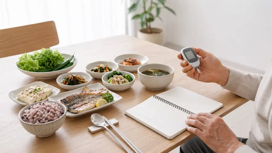 건강한 한국식 식사를 마친 뒤 식탁 위 혈당측정기와 기록 노트를 확인하는 중년 성인의 손, 잡곡밥과 채소, 두부, 생선이 균형 있게 놓인 밝은 식탁