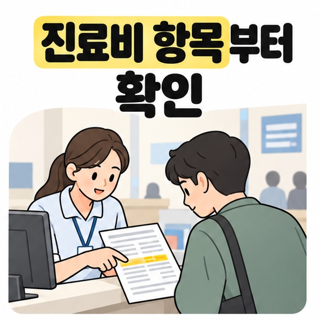 진료비 항목부터 확인 문구 아래 병원 수납 직원이 서류의 노란 강조 부분을 짚으며 환자에게 설명하는 모습