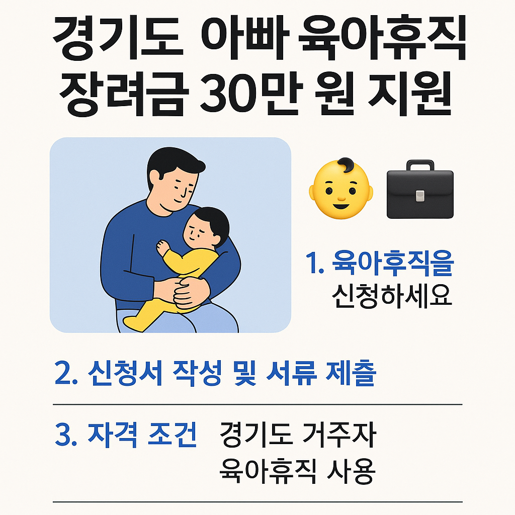 경기도 아빠 육아휴직 장려금 30만 원 지원이라는 제목과 함께 아빠가 아기를 안고 있는 일러스트가 담긴 디지털 그래픽