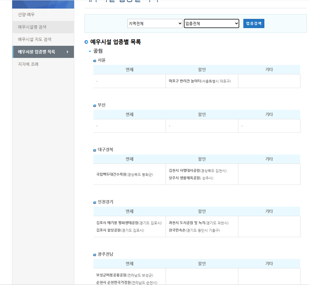 예우시설 목록