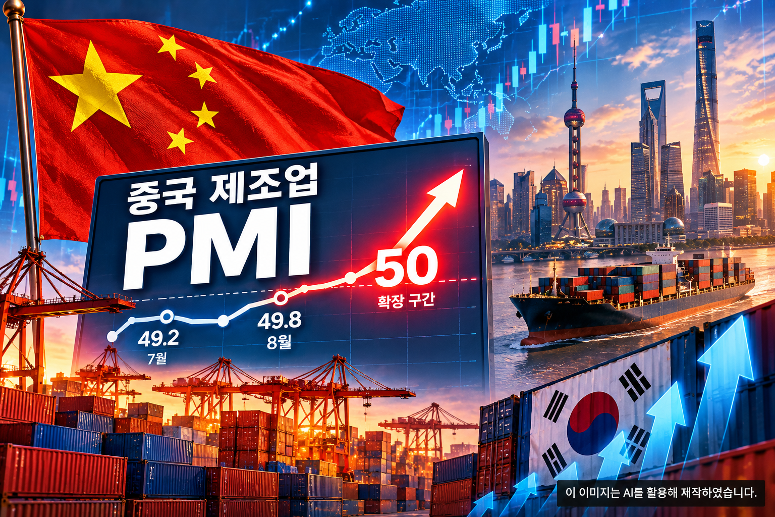 중국 제조업 PMI 50 돌파 가능성과 중국 경기 회복 및 한국 증시 영향을 표현한 이미지
