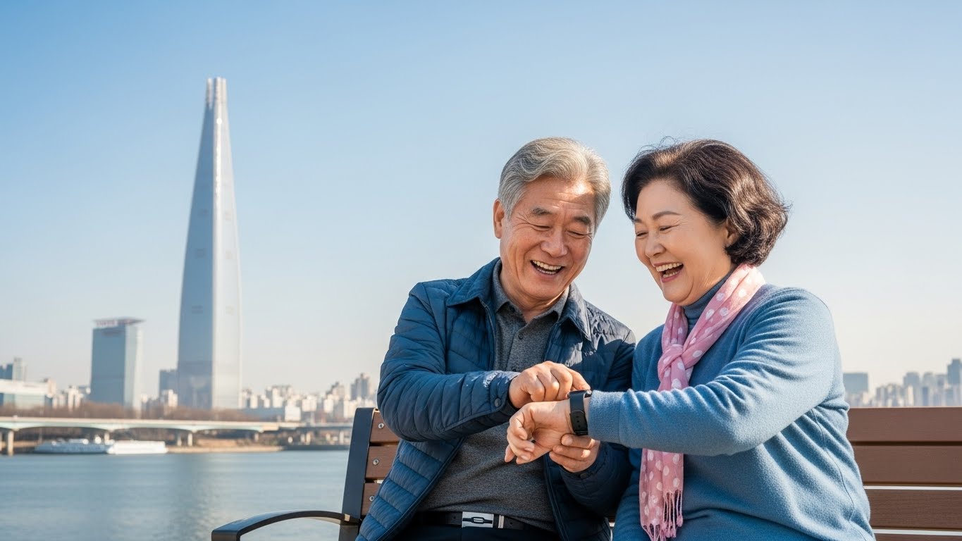 한강 공원에서 스마트워치를 활용해 건강 수치를 확인하며 즐거워하는 서울 시니어 부부