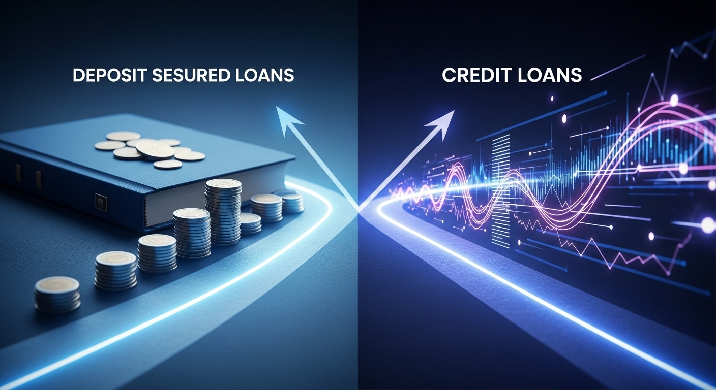 예적금 담보대출과 신용대출이라는 두 갈래의 금융 선택지 앞에서 고민하는 모습을 상징하는 이미지.