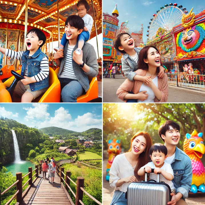 부모와 어린 자녀가 함께 여행하며 재미있고 교육적인 여행을 즐기는 즐거운 가족. 놀이기구와 화려한 장식이 있는 에버랜드 테마파크 같은 활기찬 장소나 동물과 교감하거나 산책로를 탐험하는 아이들과 함께하는 제주의 자연이 가득한 환경의 이미지입니다