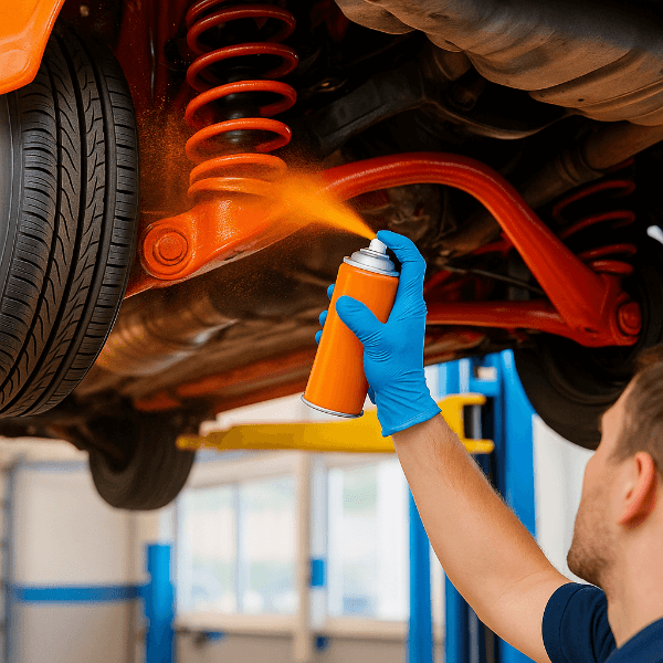 자동차 하체 방청 코팅을 시공 중인 정비사 모습