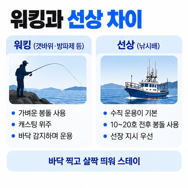워킹과 선상에서 봉돌 무게 바닥 감지 에기 운용 방법이 어떻게 다른지 보여주는 이미지