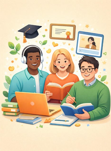 다양한 사람들이 모여 공부하고 있는 그림