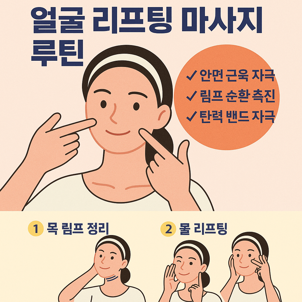 40대 이후 얼굴선을 되살리기 위한 매일 5분 리프팅 마사지 루틴을 안내하는 한국어 인포그래픽 스타일 일러스트