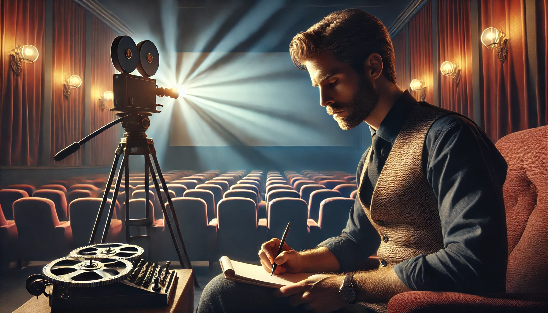 영화 평론가가 영화관에서 영화를 평가하고 있는 사진