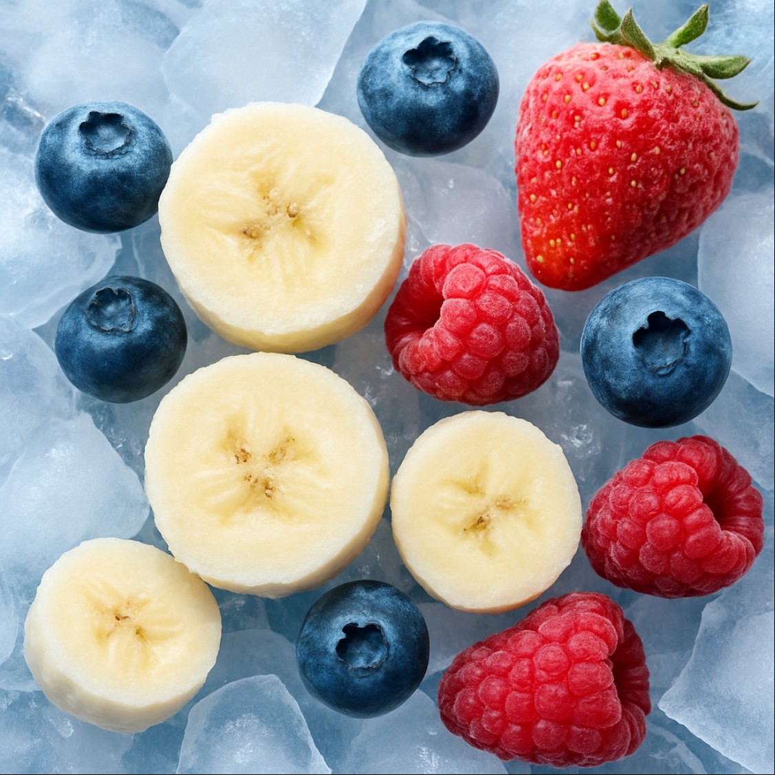 냉동 바나나와 베리가 얼음 위에 놓인 모습의 클로즈업 이미지