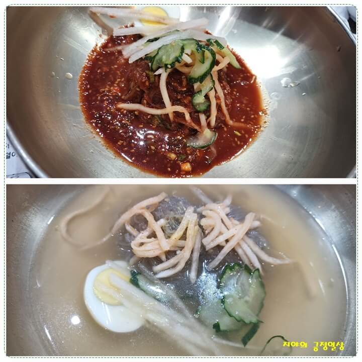 빨간 양념장으로 무친 냉면과 국물위에 있는 물냉면