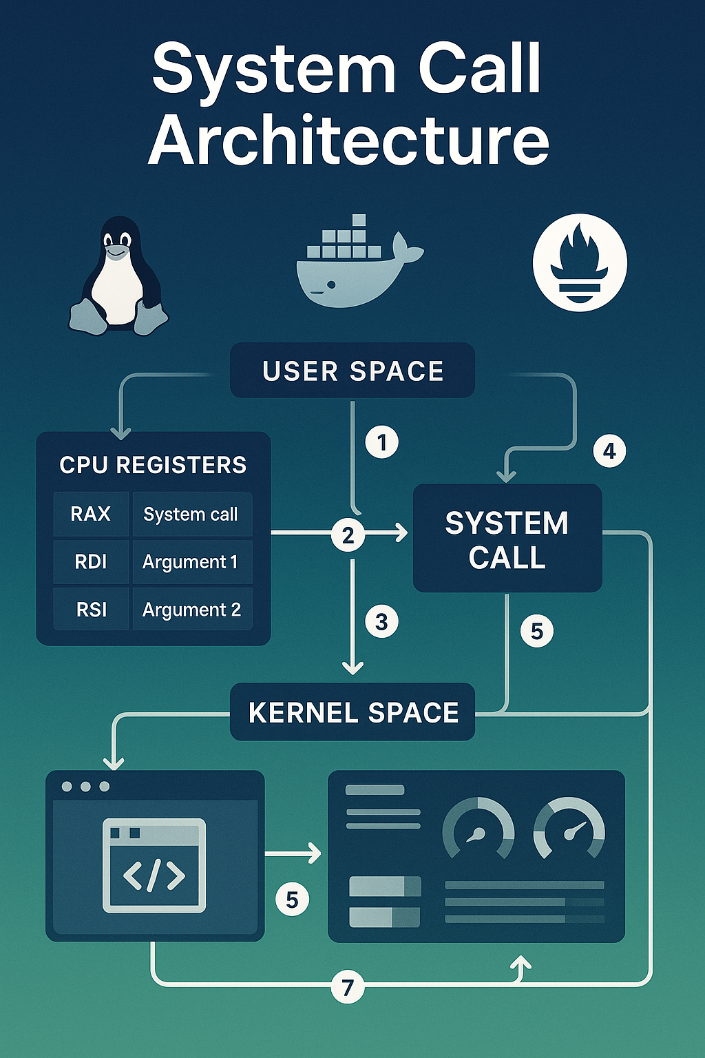 Comprehensive system call architecture diagram showing user kernel space interaction with performance optimization workflow and monitoring dashboard elements