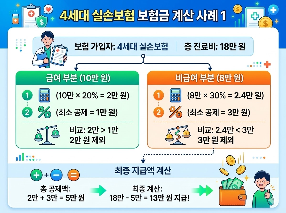 4세대 실손보험 보험금 계산 예시 급여 비급여 공제 기준 적용 사례