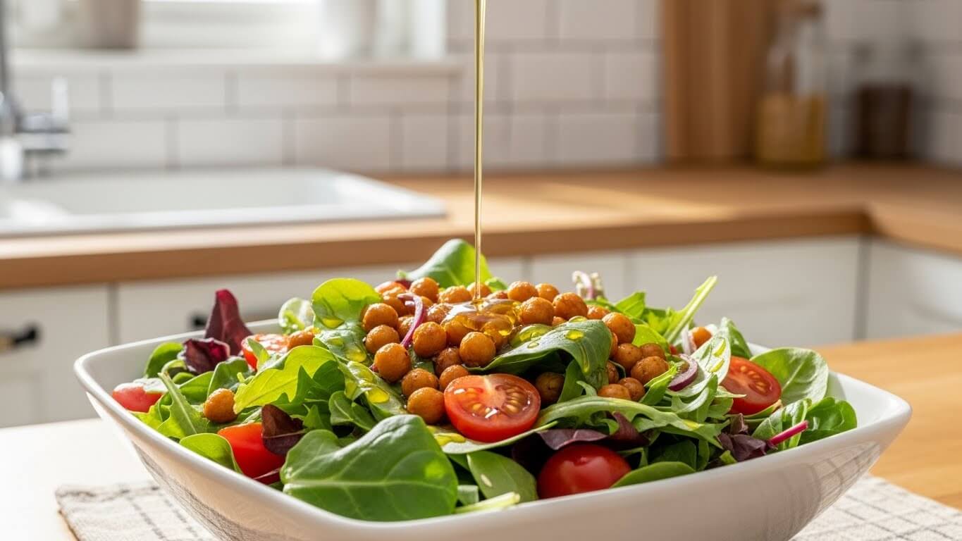 시금치와 토마토, 병아리콩이 들어간 샐러드 위로 올리브오일을 붓는 건강식 샐러드 이미지