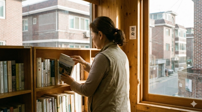 햇살 드는 도서관 창가에서 중년 여성이 책을 정리하는 뒷모습, 노후 일자리 도서관 보조 업무