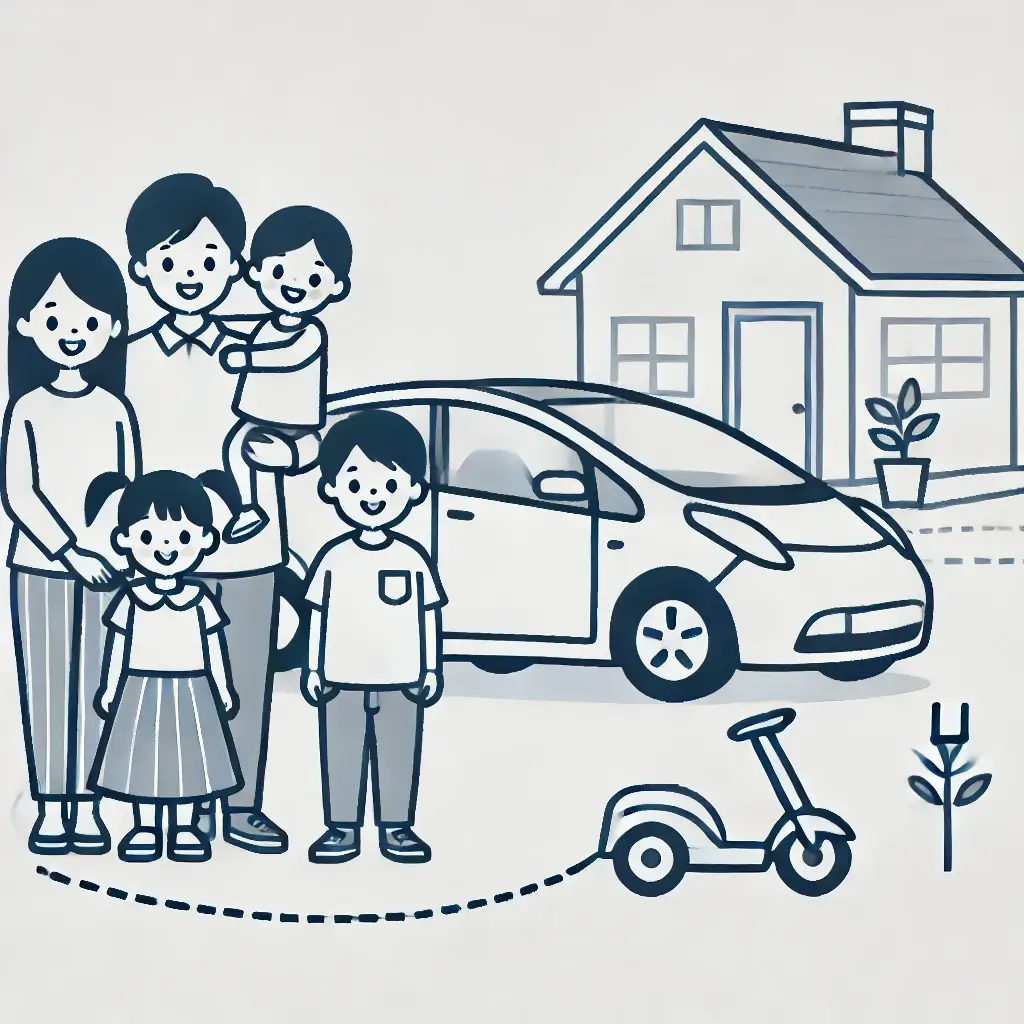 전기차와 함께 포즈를 취하는 다자녀 가구의 모습.