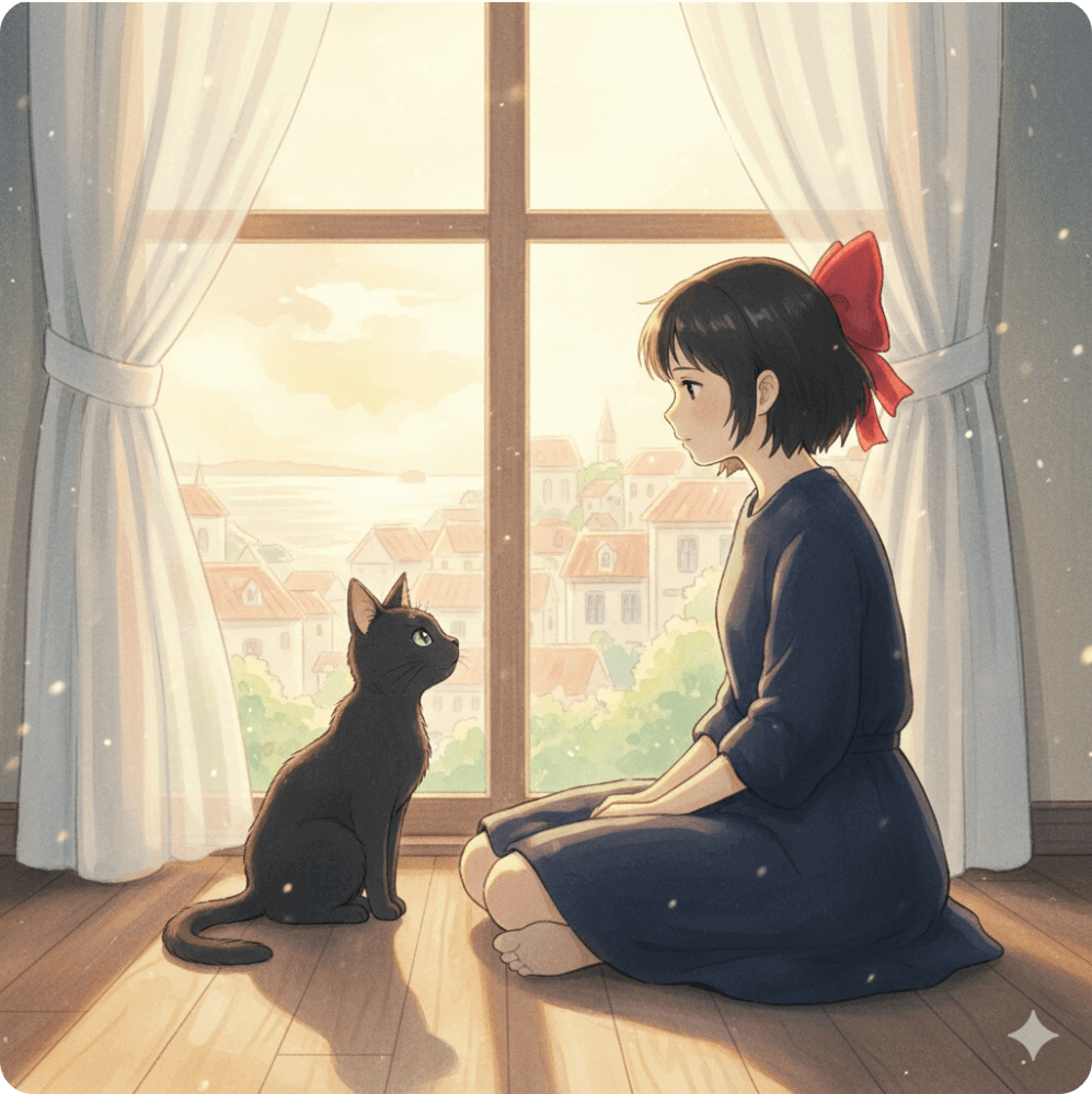 alt="아침 햇살 속 창가에 앉아 고양이와 함께 조용히 앉아 있는 소녀 키키의 모습. 대화 대신 시선을 주고받으며 성장과 자립을 상징하는 따뜻한 일러스트."
